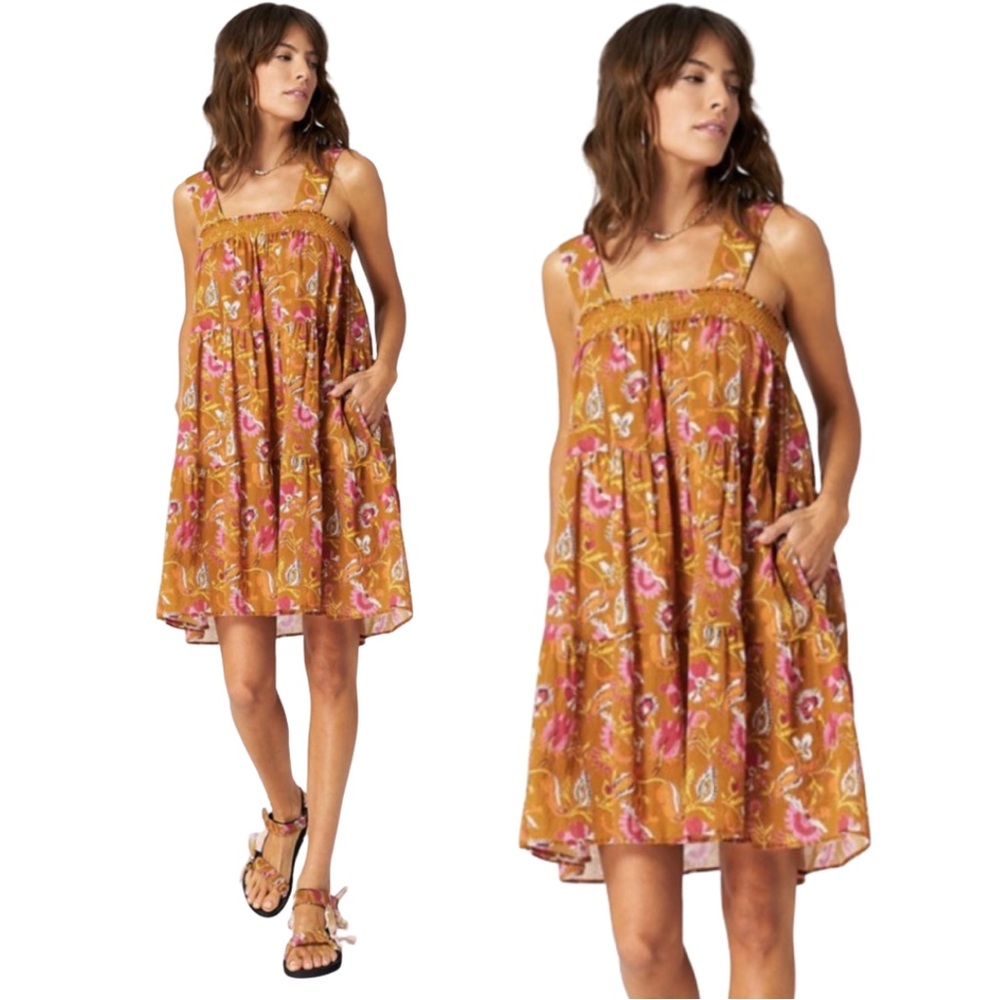 Xirena Milly Dress S Mustard Pink Floral Smocked Tiered Mini Trapeze Boho Beach